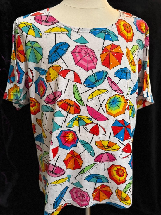 Rebecca Malone Tops - Rebecca Malone Sparkly White Tee with Multicolor Umbrella Print